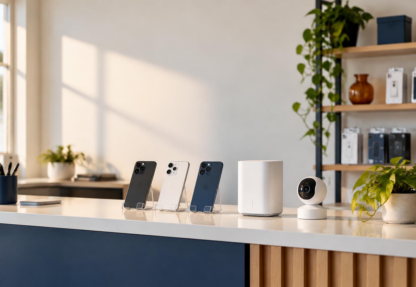 Phones, a home internet router and a security camera on a store counter